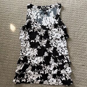 White House Black Market Black and White Floral Ruffle Blouse